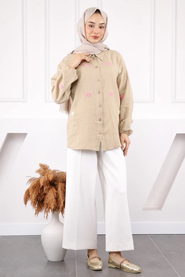 Vizon Kalp Nakışlı Keten Gömlek