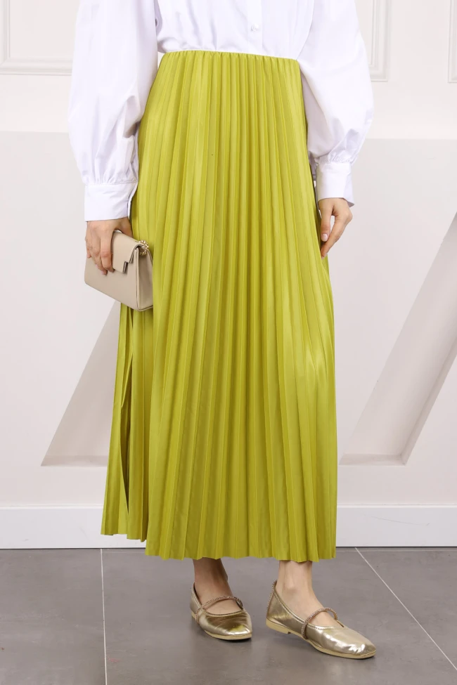 Yağ Yeşili Bel Lastikli Piliseli Etek