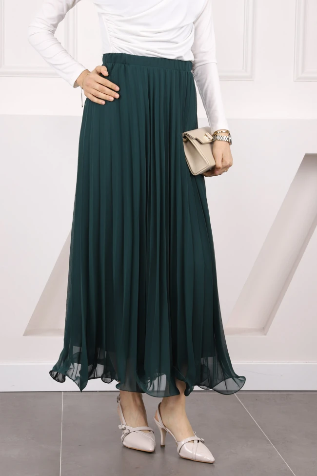 Zümrüt Yeşili Bel Lastikli Piliseli Şifon Etek