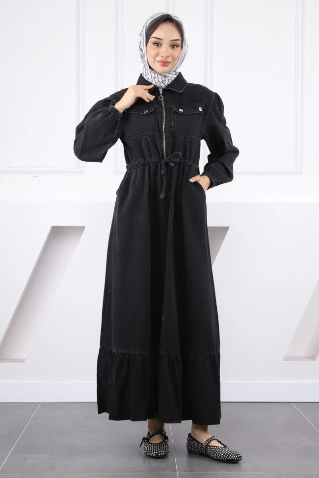 Antrasit Bel Bağlamalı Ön Fermuarlı Kot Elbise