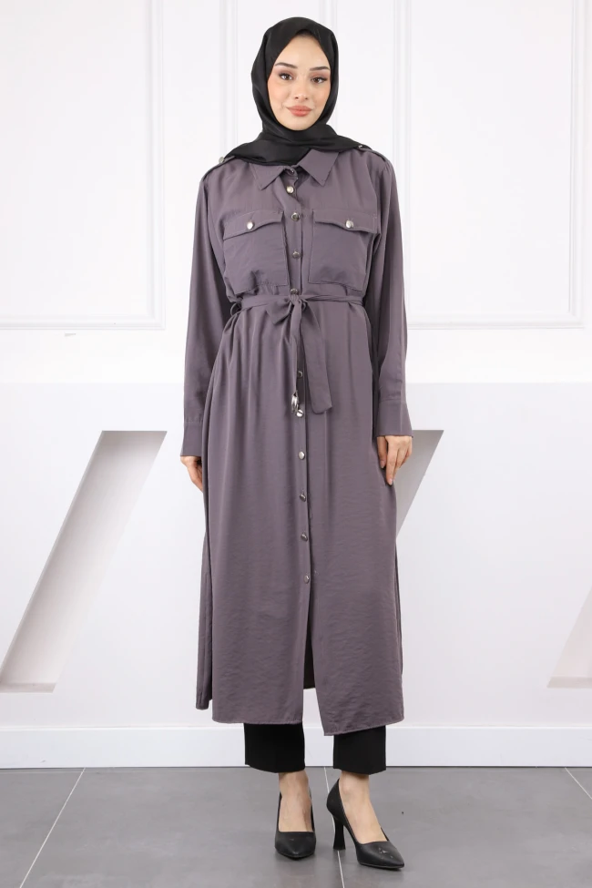 Antrasit Bel Kemerli Gömlek Elbise