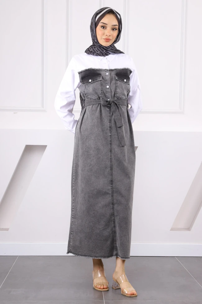 Antrasit Gömlek Garnili Düğmeli Kot Elbise