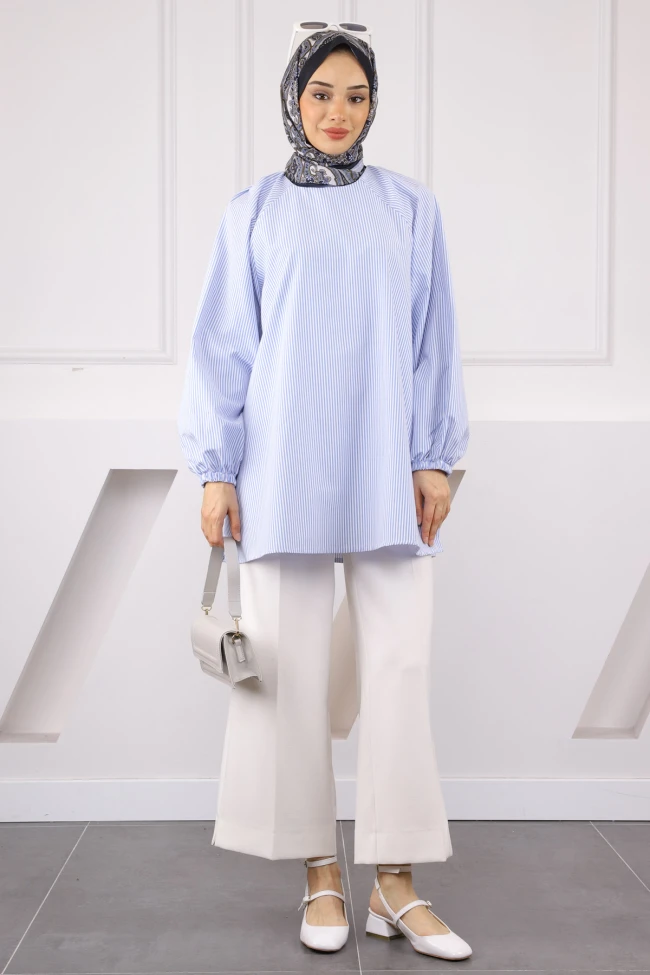 Bebe Mavi Balon Kol Çizgili Tunik