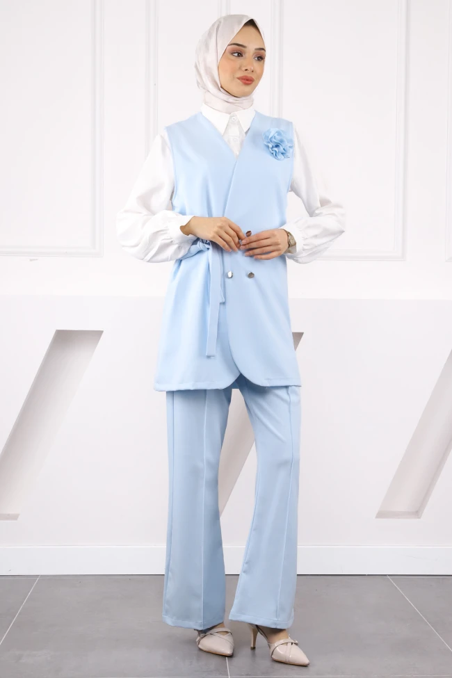 Bebe Mavi Gömlek Yelek Pantolonlu Kombin Takım