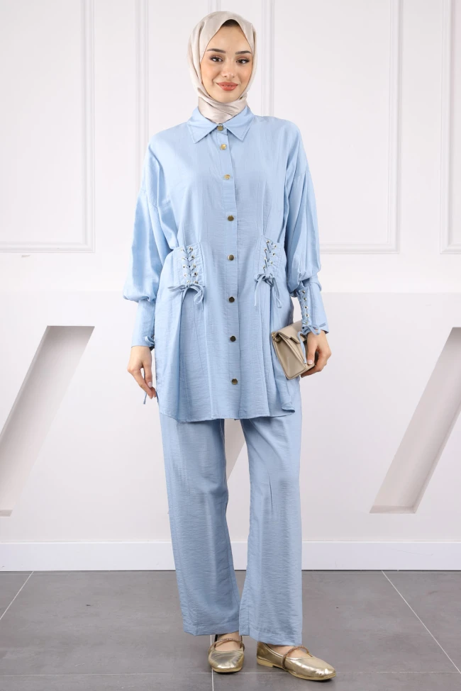 Bebe Mavi Kolu Ve Beli Bağcıklı Modal Tunik Pantolonlu Takım