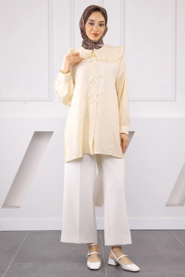 Bej Bebe Yaka Fiyonk Detaylı Tunik