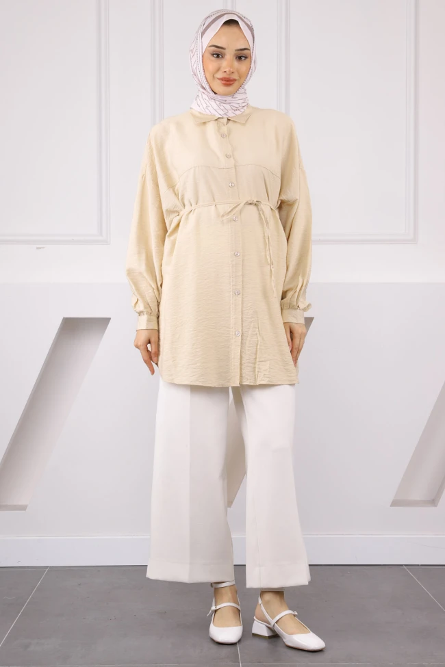 Bej Beli İp Detaylı Tunik