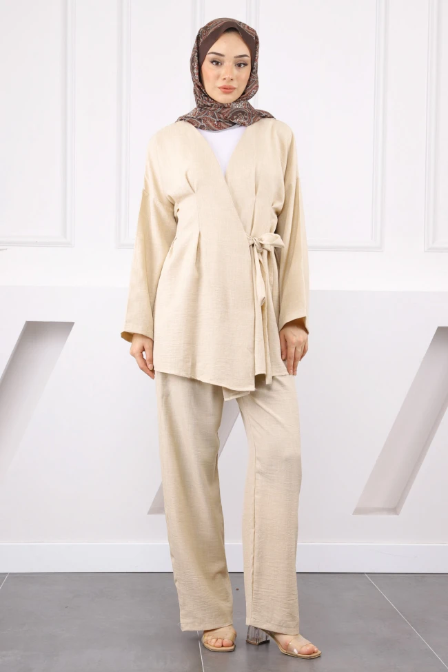 Bej Çapraz Bağlamalı Keten Kimono Pantolon Takım