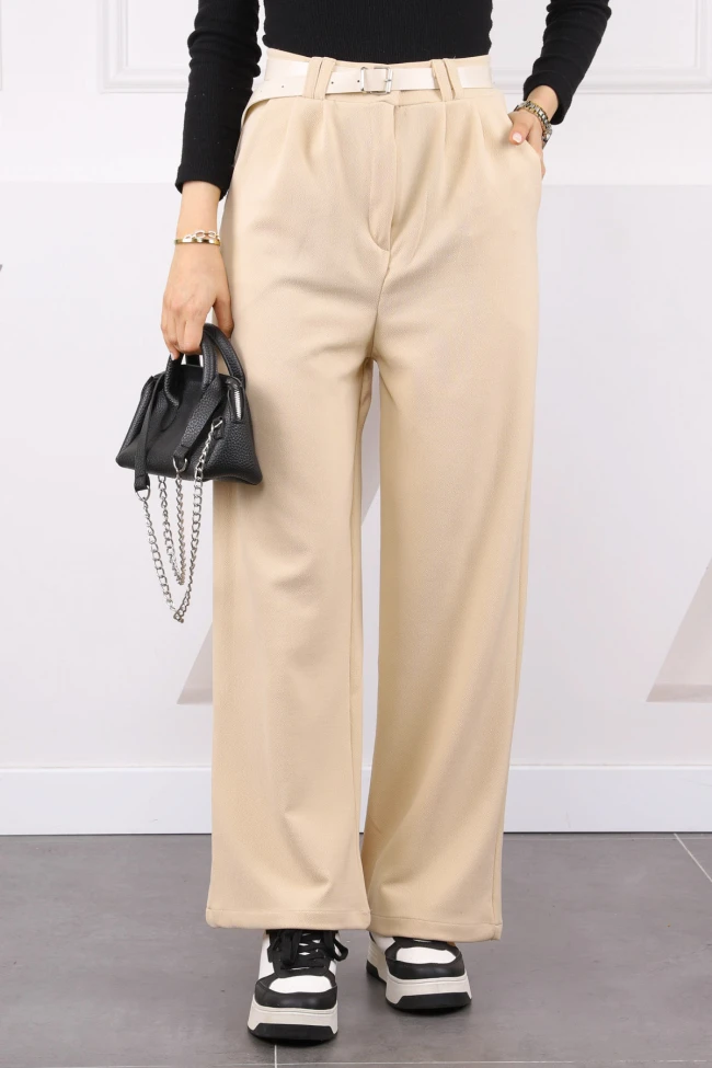 Bej Çift Pileli Kemerli Likralı Palazzo Pantolon