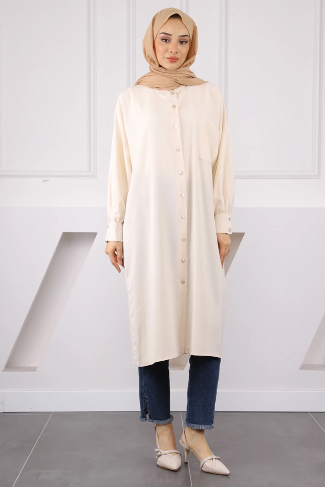 Bej Düğmeli Cepli Tunik