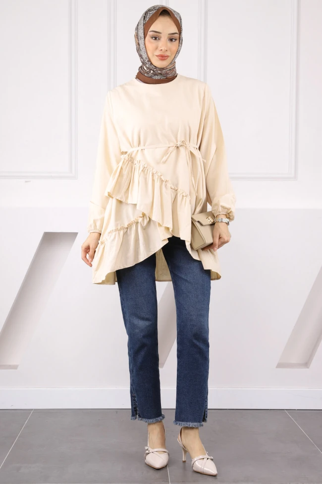 Bej Eteği Katlı Fırfırlı Tunik