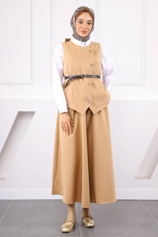Bej Kloş Etekli Yelek Takım