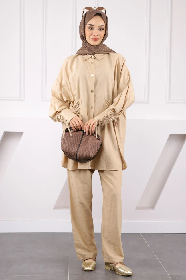 Bej Kolu Ve Beli Bağcıklı Modal Tunik Pantolonlu Takım