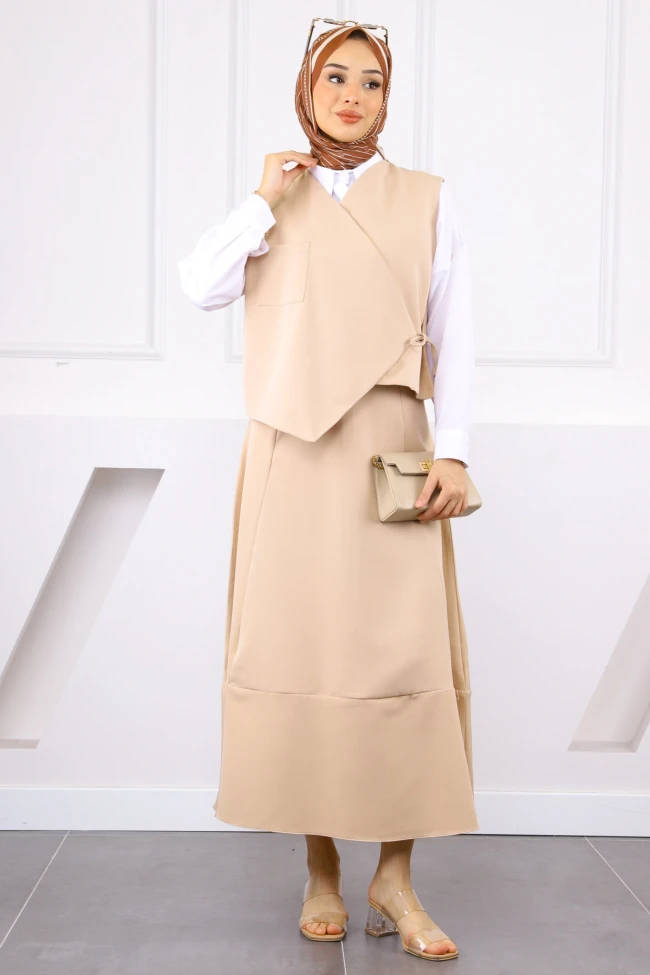 Bej Tek Cepli Yelek Etekli Takım