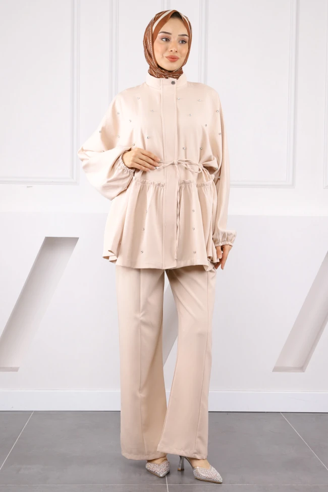 Bej Yarasa Kol Dabıl Tunik Pantolonlu Takım