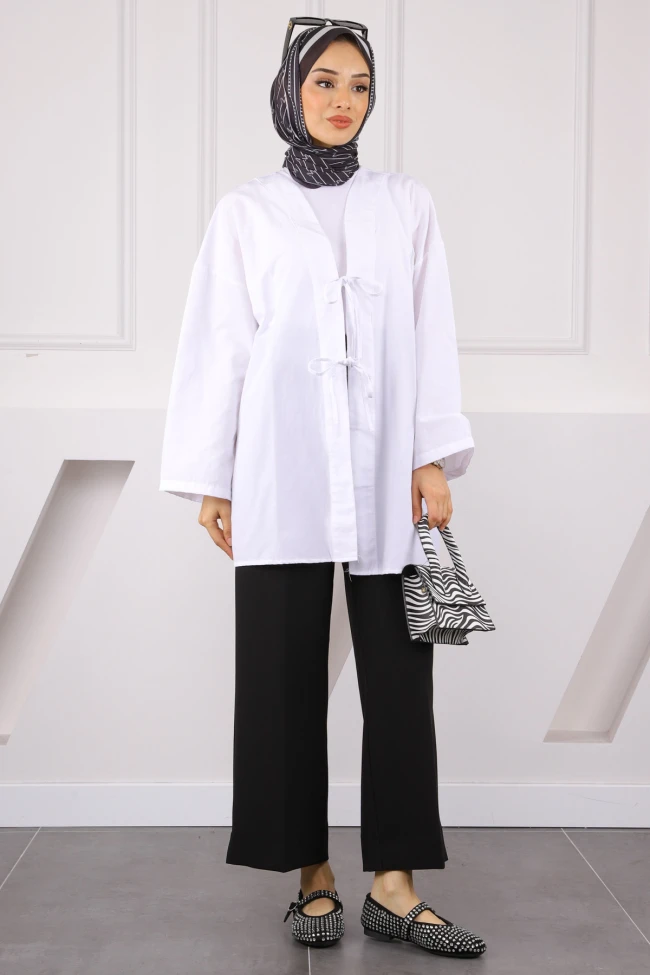 Beyaz Ön Bağlamalı Kimono