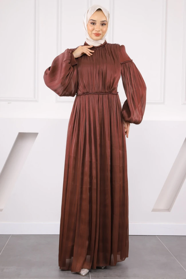 Bordo Balon Kol Piliseli Şifon Abiye