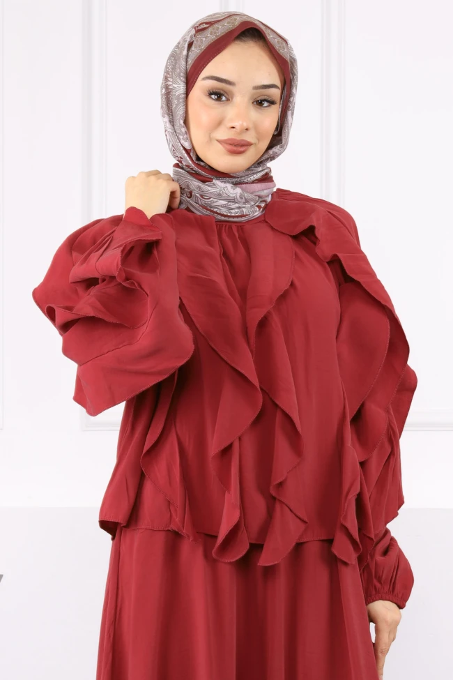 Bordo Bluz Fırfırlı Etekli Takım