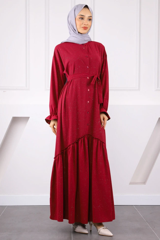 Bordo Eteği Büzgülü Beli Kuşaklı Linda Elbise