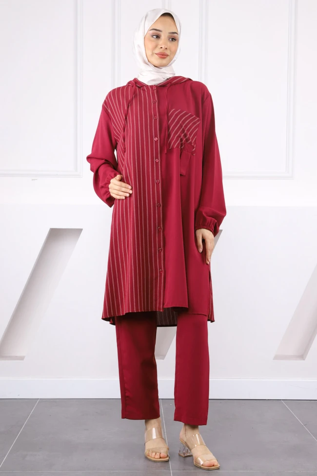 Bordo Kapüşonlu Çizgili Tunik Pantolonlu Takım