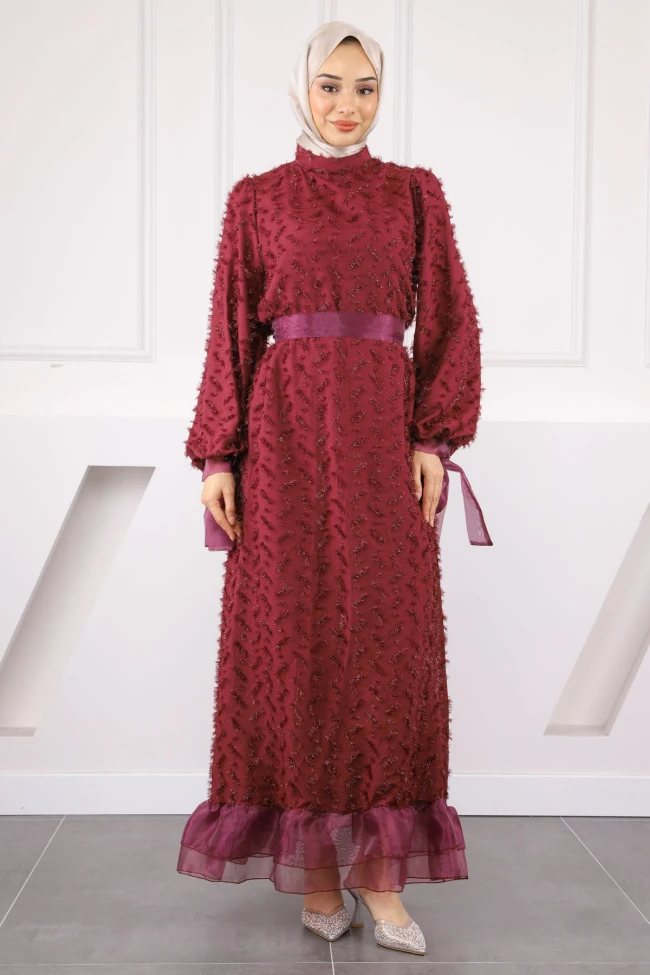 Bordo Kol Bağlamalı Kuşaklı Abiye
