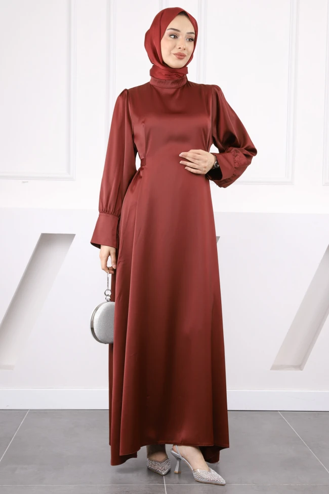 Bordo Kol Düğmeli Beli Kuşaklı Saten Abiye