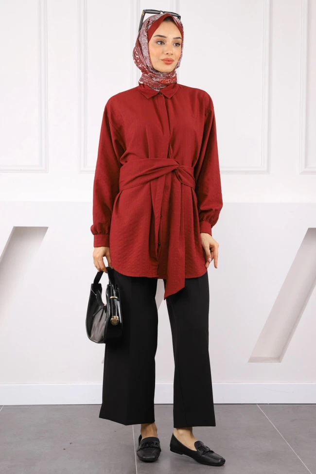 Bordo Kuşak Detaylı Bürümcük Gömlek