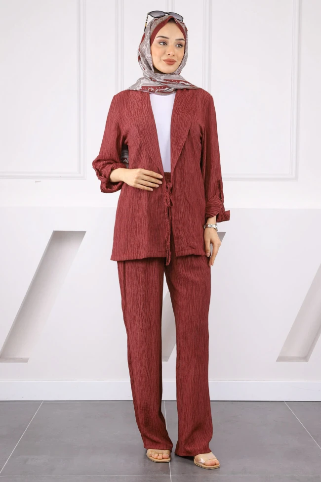 Bordo Ön Bağlamalı Kimono Pantolonlu Takım