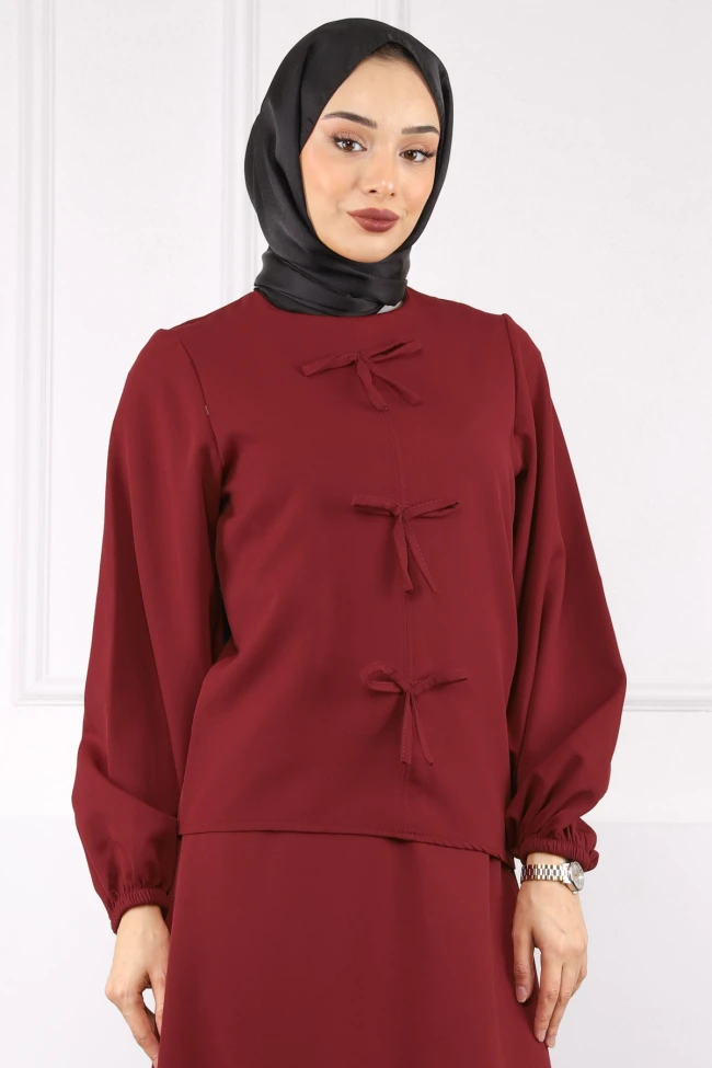 Bordo Önü Fiyonklu Krep Bluz Etekli Takım