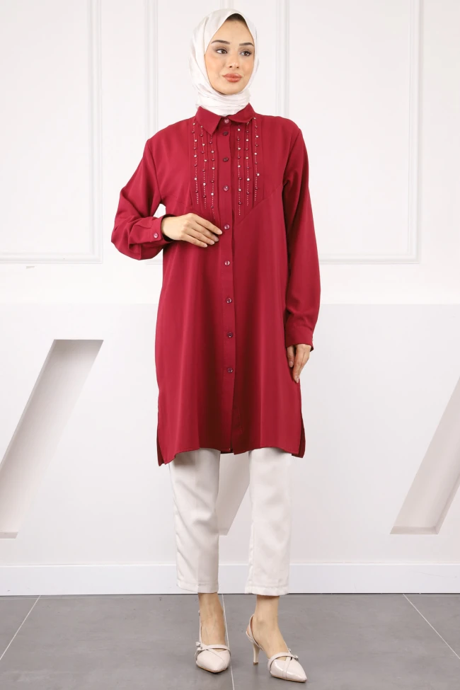 Bordo Önü Taş Detaylı Linda Tunik