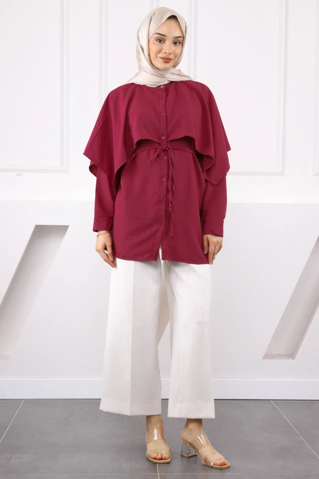Bordo Pelerin Detaylı Hakim Yaka Gömlek
