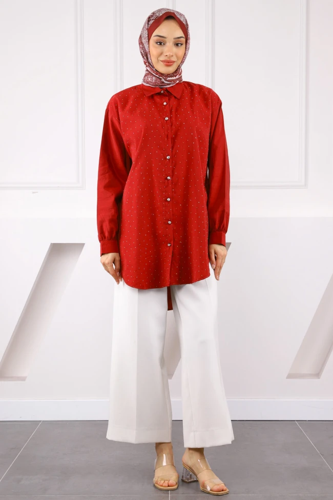 Bordo Taşlı Düğmeli Modal Gömlek