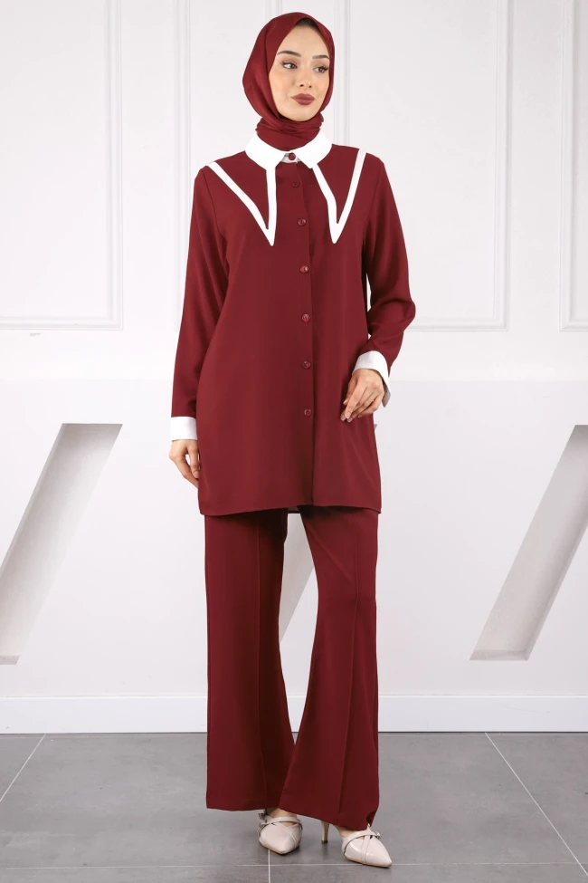 Bordo Yaka Detaylı Tunik Pantolonlu Takım