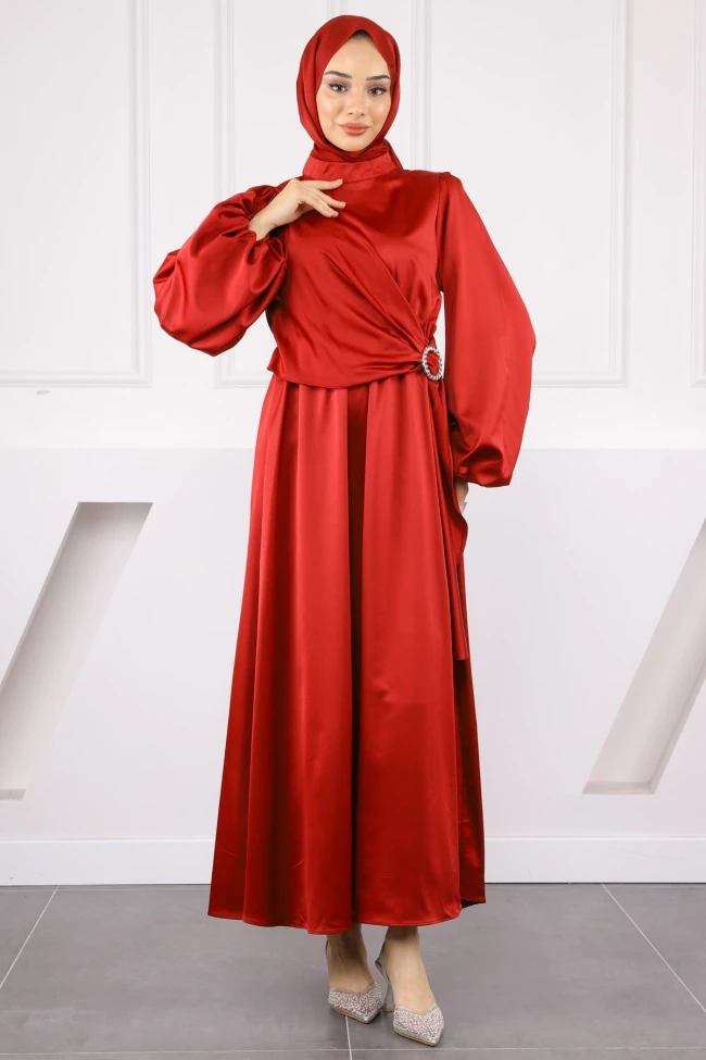 Bordo Yan Toka Bağlamalı Saten Elbise