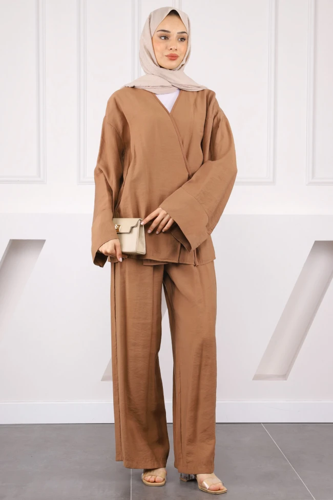Camel Bel Bağlamalı Modal Kimono Pantolonlu Takım