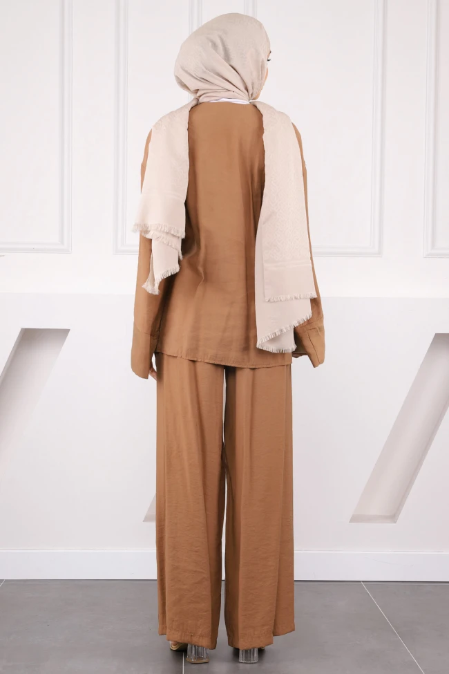 Camel Bel Bağlamalı Modal Kimono Pantolonlu Takım