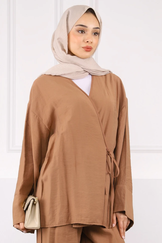 Camel Bel Bağlamalı Modal Kimono Pantolonlu Takım