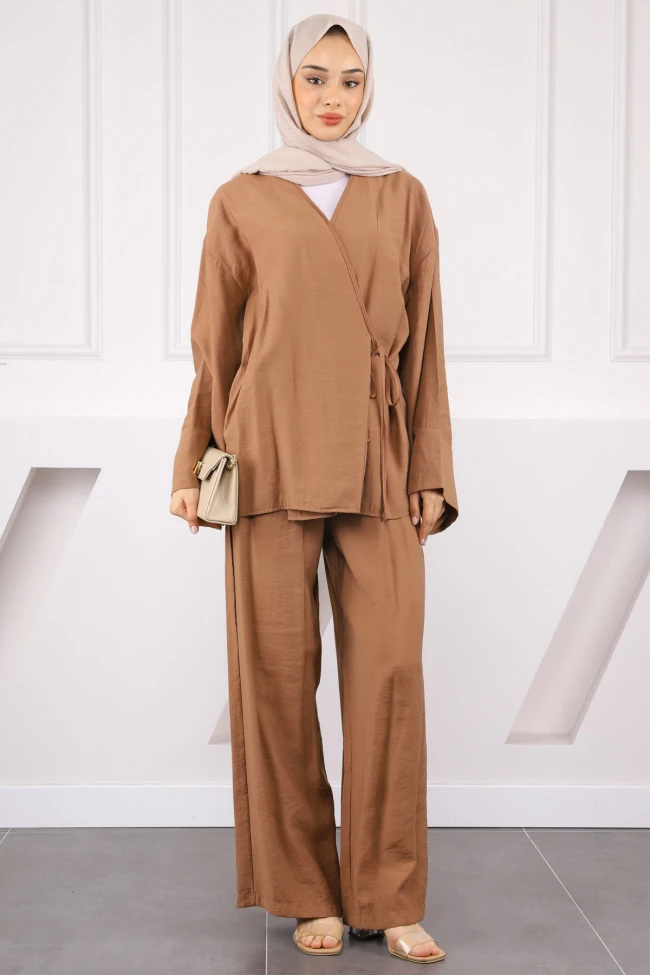 Camel Bel Bağlamalı Modal Kimono Pantolonlu Takım