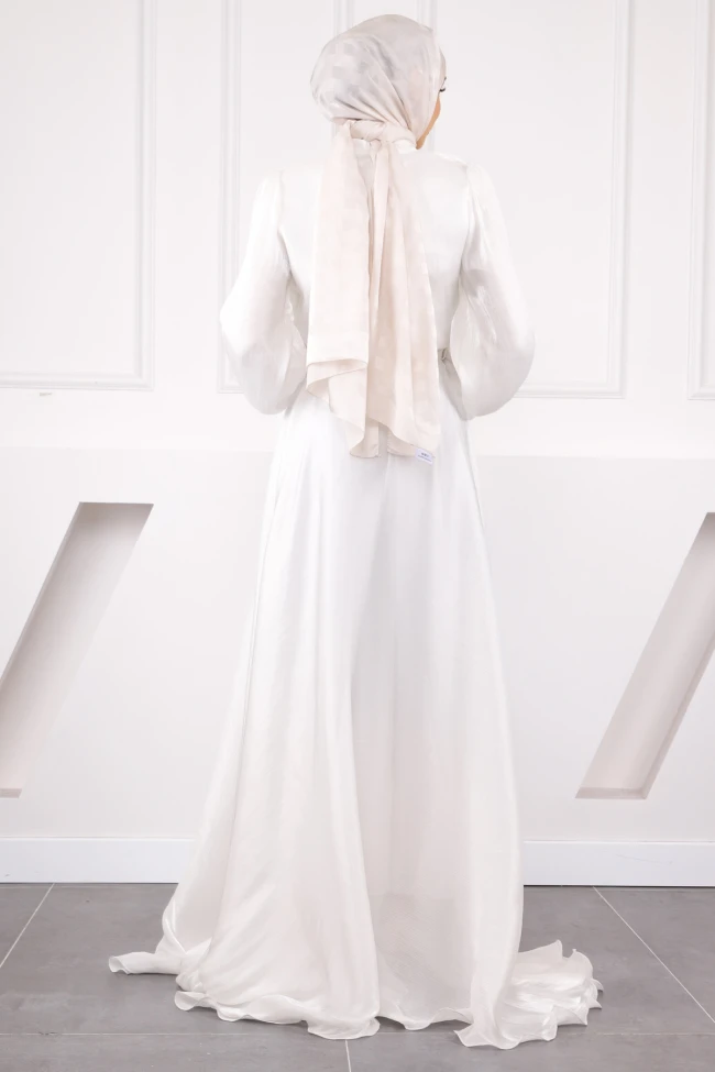 Ekru Balon Kol Önü Drapeli Şifon Abiye