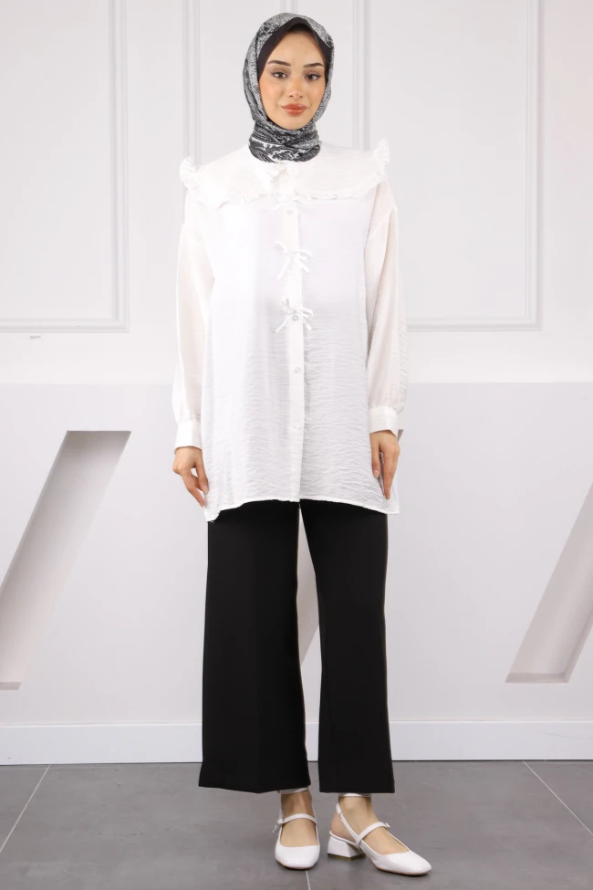 Ekru Bebe Yaka Fiyonk Detaylı Tunik