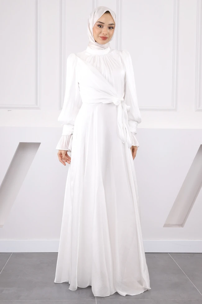 Ekru Yan Bağlamalı Kol Detaylı Abiye