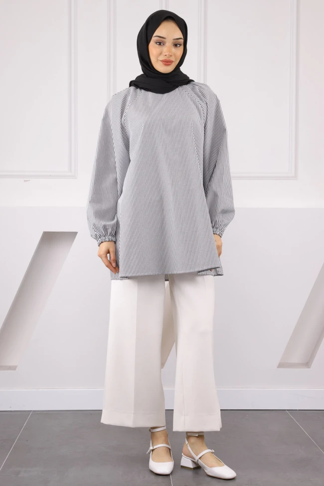 Füme Balon Kol Çizgili Tunik