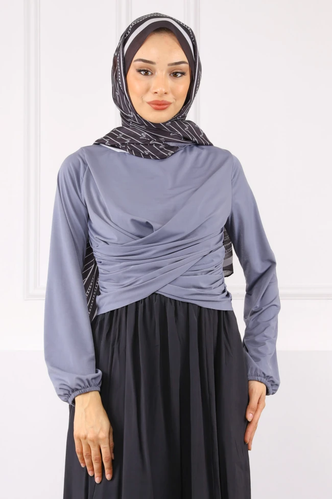 Gri Çapraz Drape Detaylı Sandy Bluz