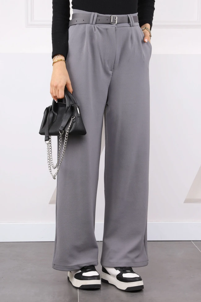 Gri Çift Pileli Kemerli Likralı Palazzo Pantolon