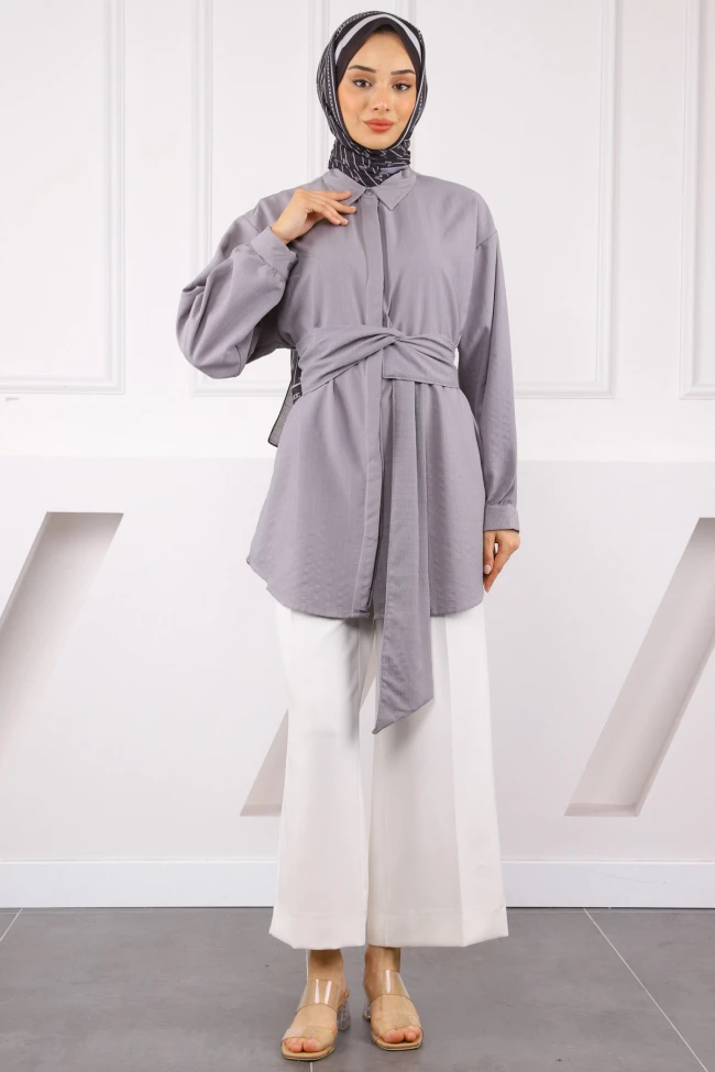 Gri Kuşak Detaylı Bürümcük Gömlek