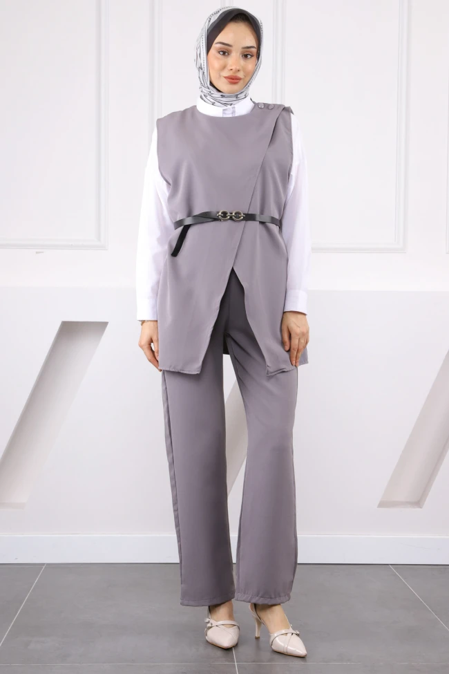 Gri Omuz Düğmeli Yelek PantolonluTakım