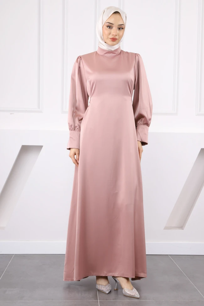 Gül Kurusu Kol Düğmeli Beli Kuşaklı Saten Abiye