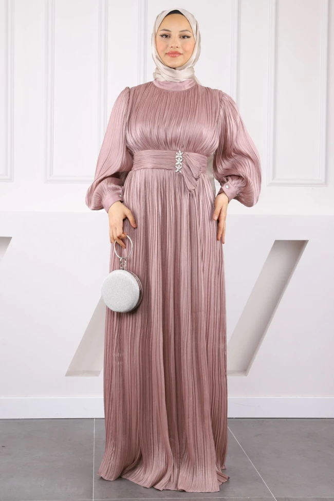 Gül Kurusu Piliseli Taşlı Şifon Abiye