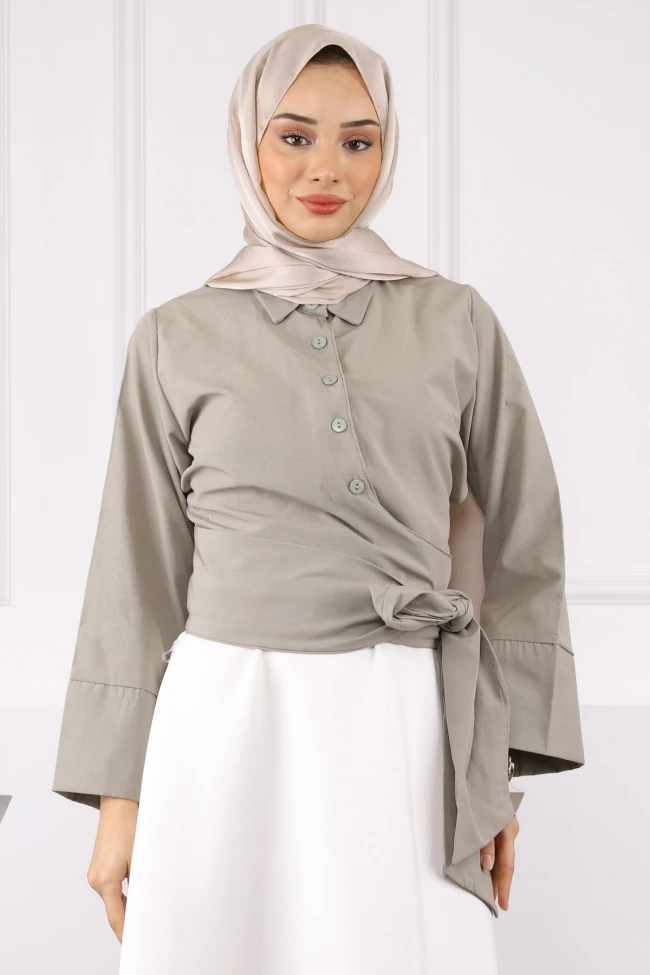 Haki Bel Bağlamalı Gömlek