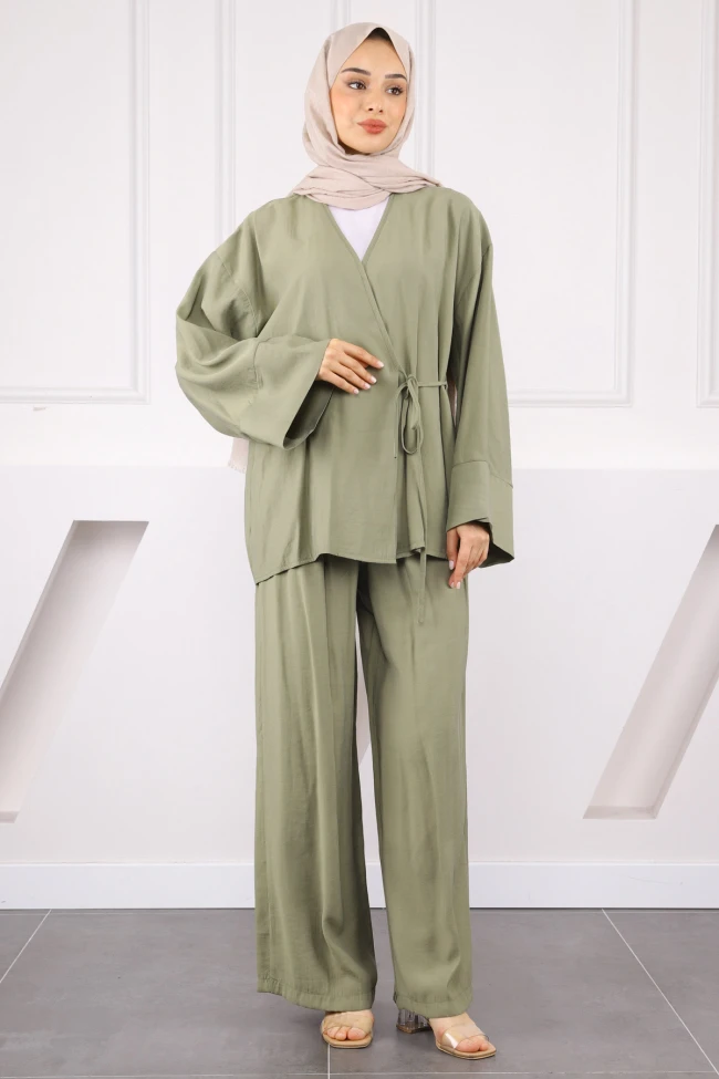 Haki Bel Bağlamalı Modal Kimono Pantolonlu Takım